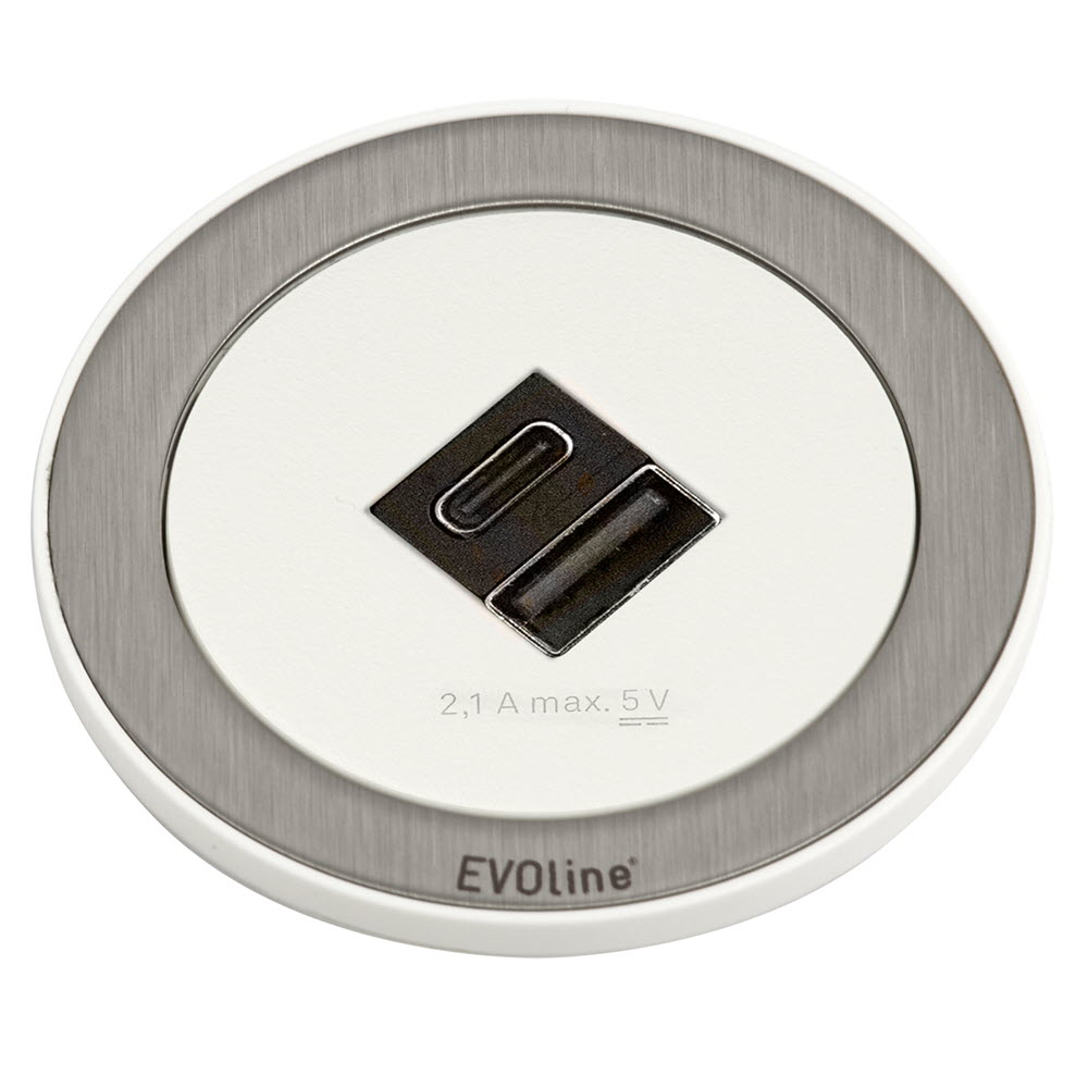 Featured image for “EVOline One / double USB charger AC / Stainless Steel cover ring / White”